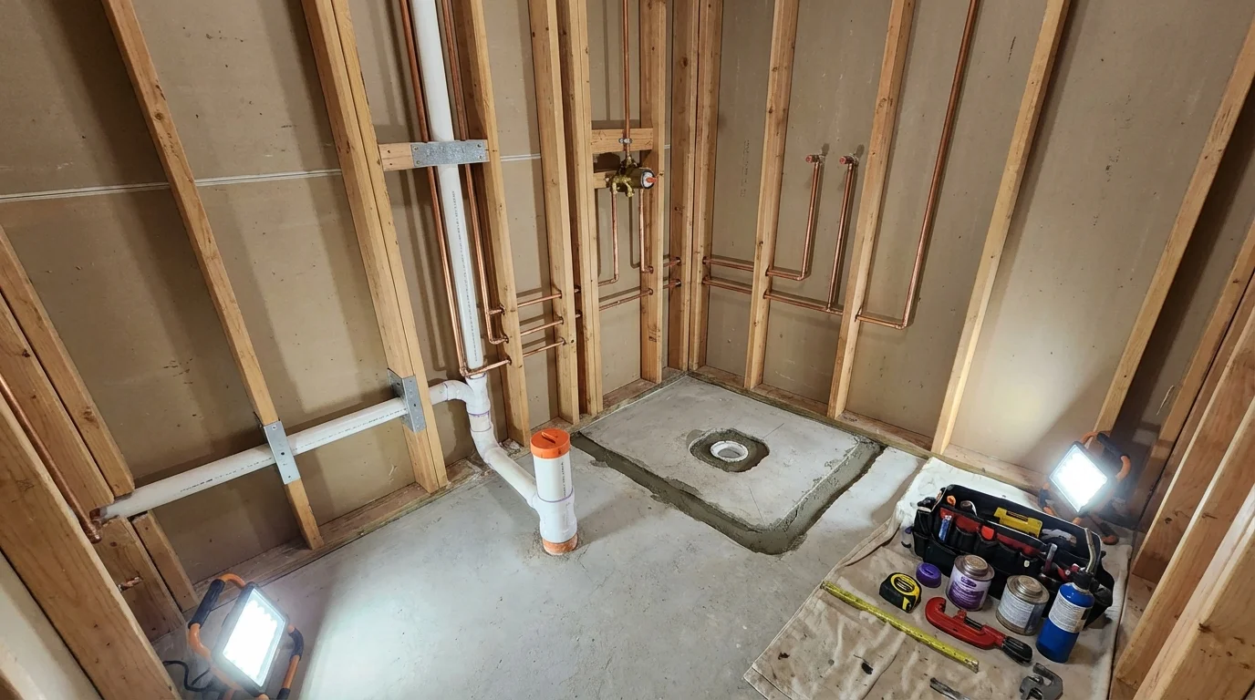 Bathroom rough-in plumbing during remodel by Johns Plumbing LLC in Park Hill