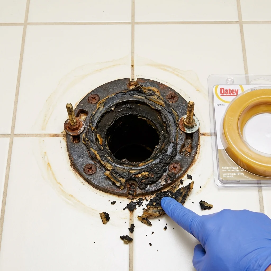 Failed wax ring showing water seepage at the base of a toilet in a Park Hill, OK home