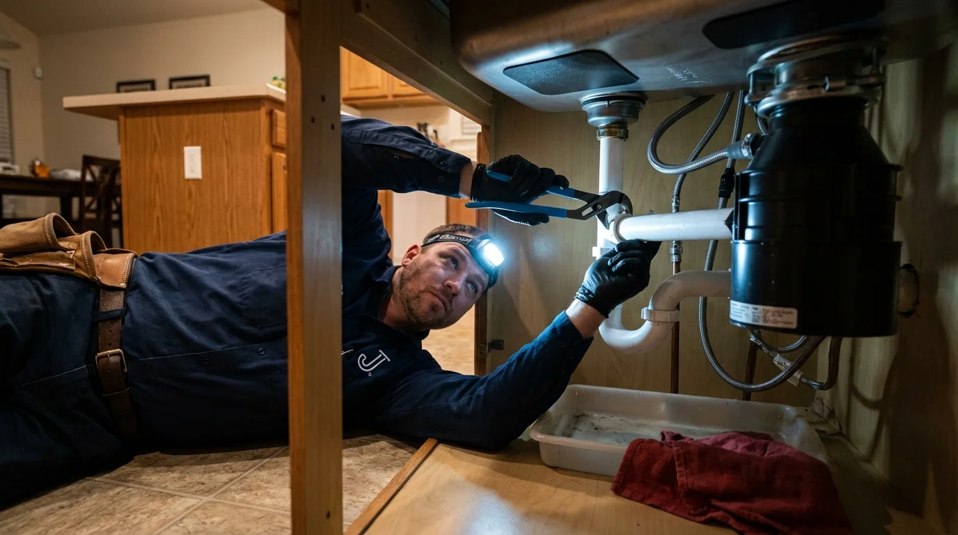 P-trap and supply line connections under a kitchen sink showing a common leak point in Park Hill, OK